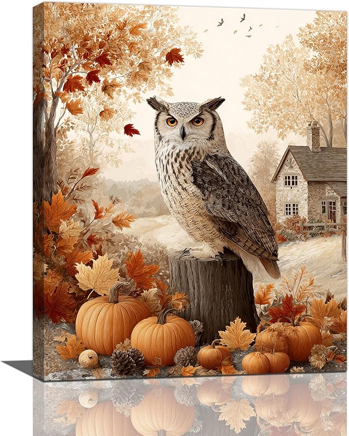 Fall Owl Wall Art Autumn Pumpkin Leaves Wall Decor Rustic Canvas Print Farmhouse Pictures Painting Print Framed Artwork Decorations Gifts for Living Room Bathroom Bedroom Office 16"x20"-PurrikoPets
