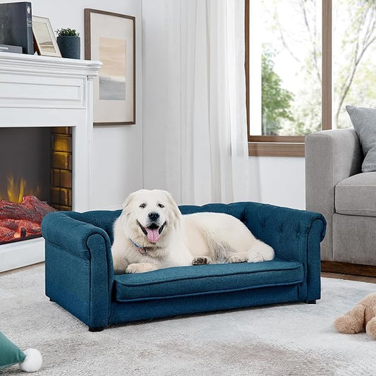 Dog Sofa Couch for Medium to Large Dogs, 31" Memory Foam Dog Couch with Washable Fabric, Removable Cushion, Sofa Bed for Medium and Large Dogs, Blue-PurrikoPets