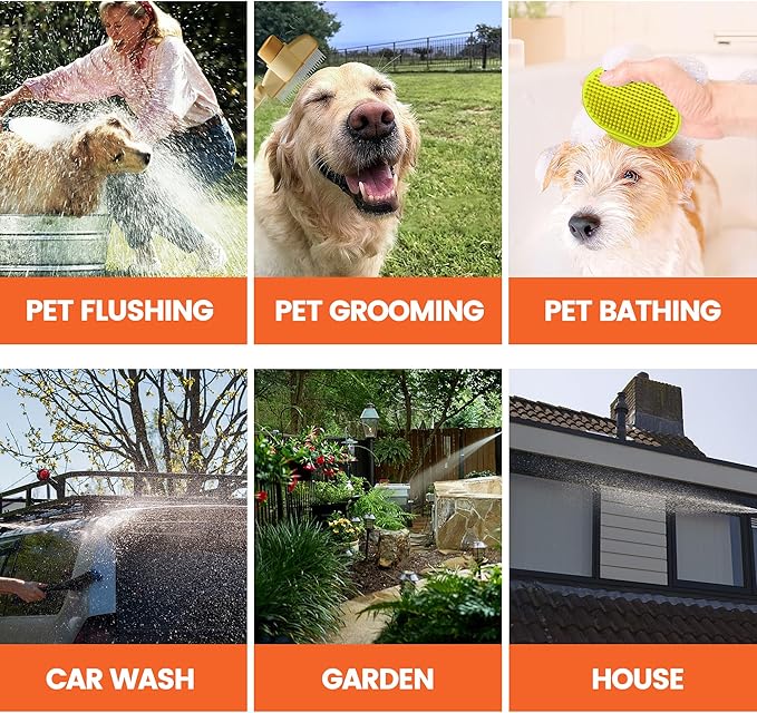 Dog Washing Hose Attachment, 10-in-1 Soap Sprayer Moden Garden Hose Nozzle with 100cc Soap Dispenser, Dog Wash Supplies with Dog Bath Brush & Pet Comb, Foam Gun Car Wash Sprayer (Orange)-PurrikoPets
