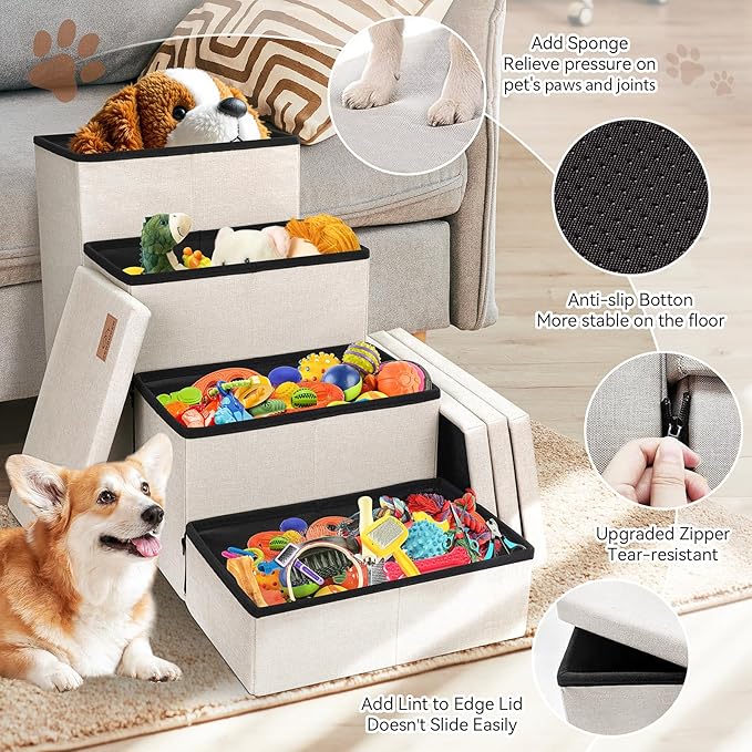 Dog Stairs with Storage 23" H, 4-Step Wider Dog Steps for High Beds Window, Folding Sturdy Pet Stairs Gift for Small/Medium/Large Old Dogs Cat, Ramp for Climbing Car Up to 200 lbs, Beige-PurrikoPets