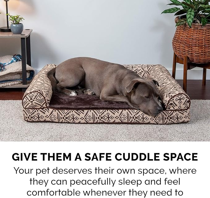 Furhaven Orthopedic Dog Bed for Large/Medium Dogs w/ Removable Bolsters & Washable Cover, For Dogs Up to 55 lbs - Plush & Southwest Kilim Woven Decor Sofa - Desert Brown, Large-PurrikoPets