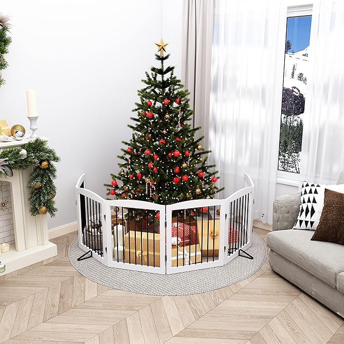 Freestanding Pet Gate for Dogs, Foldable Wooden Dog Gate for House, Extra Wide Indoor Pet Barrier for Stair, Doorway, Hall, Support Feet Included, 120 Inch Wide, 6 Panels 24", White-PurrikoPets