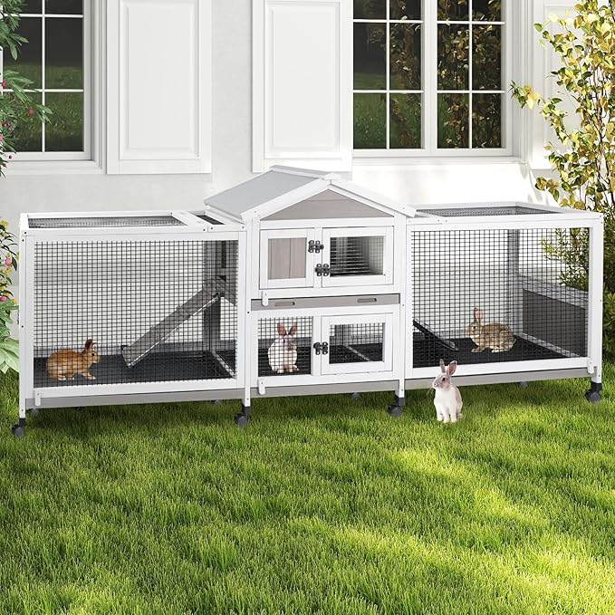Double Rabbit Hutch Outdoor Indoor Large Bunny Cage with Dual Side Runs, 2-Story Wooden Hutch with 4 Leak Proof Trays, 8 Wheels, Waterproof Roof, Ramp, for Small to Medium Animals-PurrikoPets