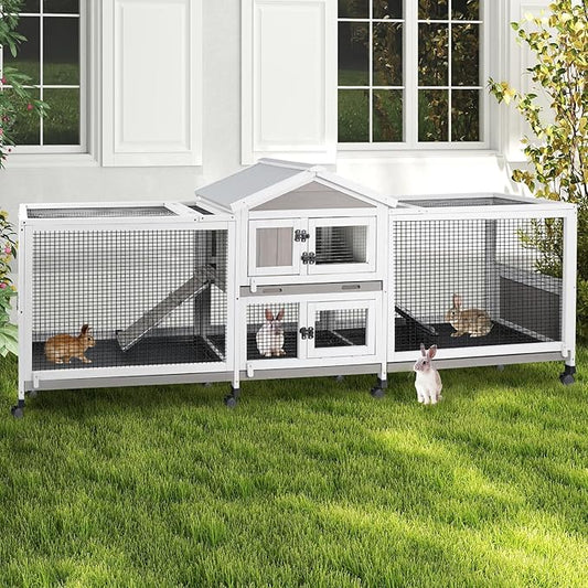 Double Rabbit Hutch Outdoor Indoor Large Bunny Cage with Dual Side Runs, 2-Story Wooden Hutch with 4 Leak Proof Trays, 8 Wheels, Waterproof Roof, Ramp, for Small to Medium Animals-PurrikoPets