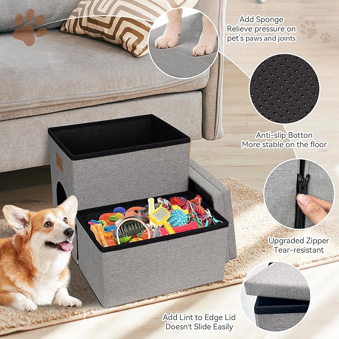 Dog Stairs 15" H, 2-Step Wider Dog Steps for Small/Medium/Large Old Dogs Cats, Folding Sturdy Storage Pet Stairs Climbing Bed Couch, Dog Ramp for Car Hold Up to 150 lbs(Gray, with Condo)-PurrikoPets