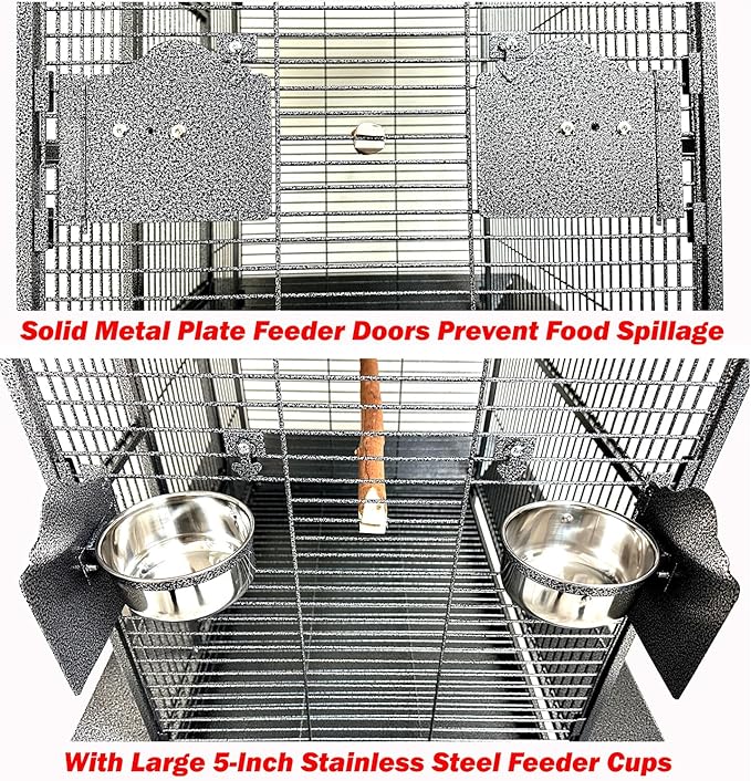 Extra Large Elegant and Durable Wrought Iron Climbing Ladder Perch Stand Play Top Ground Bird Parrot Metal Cage Around Seed Guard Storage Shelf with Heavy Duty Lockable Rolling Wheels-PurrikoPets