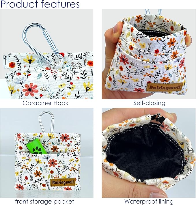 Dog Treat Pouch, Small Cotton Pocket Sized Training Holder, Hand Free Walking Funny Bag with Carabiner, Self-Closing Pet Feed Snack Reward, Behavior Aids for Puppy Travel or Outdoor Use-PurrikoPets