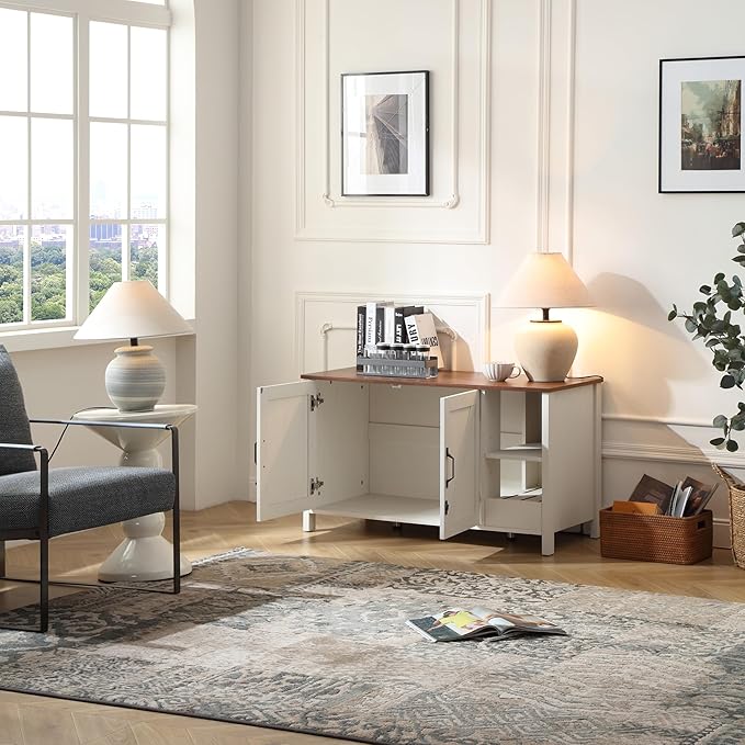 41.3'' Cat Litter Enclosure,Adjustable Shelf for Dog Proof and Storage,Locks Added for Cat, Litter Collector,Small Indoor Cat House,Antique White-PurrikoPets