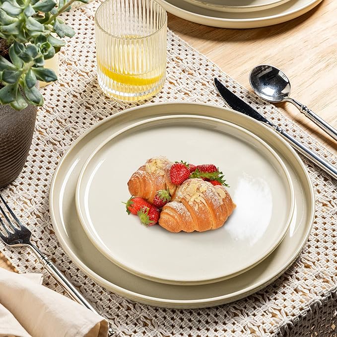 GBHOME Ceramic Dinnerware Sets for 4, 12 Pieces Stoneware Plates and Bowls Sets, Scratch Resistant Dishes, Dishwasher & Microwave Safe, Reactive Glaze-Vanilla color-PurrikoPets