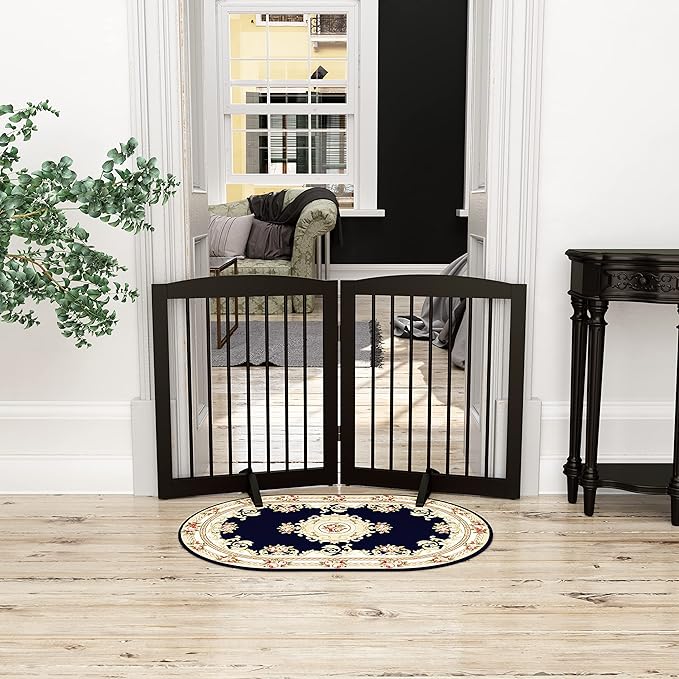 Freestanding Pet Gate for Dogs, Foldable Wooden Dog Gate for House, Indoor Pet Barrier for Stairs, Doorways, Support Feet Included, 24" Height 2 Panels, Brown-PurrikoPets