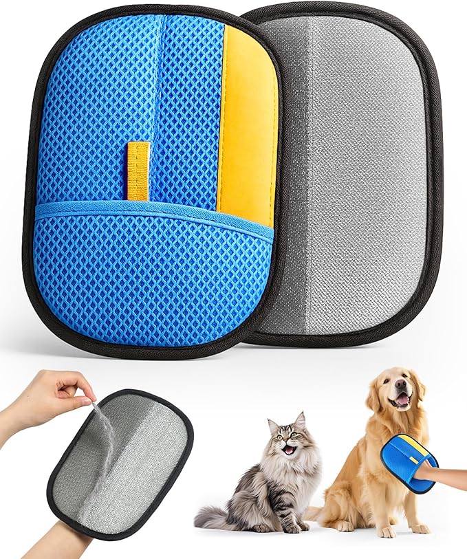2025 Thickened Electrostatic Pet Hair Removal Gloves (2 Pcs) - Reusable Strong Grooming Gloves for Cats & Dogs, Hair Remover for Couch, Furniture, Carpet, Car Seats & Clothing (Blue)-PurrikoPets