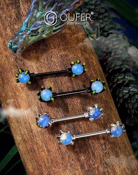 OUFER 14G Nipple Rings - 316L Surgical Steel Piercing Jewelry, 2PCS Pink Opals Surrounded by Dragon Claws Barbell