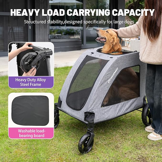 EchoSmile XL Extra Large Dog Stroller - Adjustable Handles,Lightweight Folding Pet Stroller,All-Terrain 4 Wheel for 2 Medium Dogs,Dual Entry Safety Dog Stroller,Capacity 160 lbs,Gray-PurrikoPets