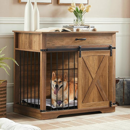 EDYO LIVING 38" Large Dog Crate Furniture with Sliding Barn Door, Wooden Dog Kennel with Drawer for Storage, Water Resistant Indoor Furniture Style Dog Crate for Small/Medium/Large Dog, Rustic Oak-PurrikoPets