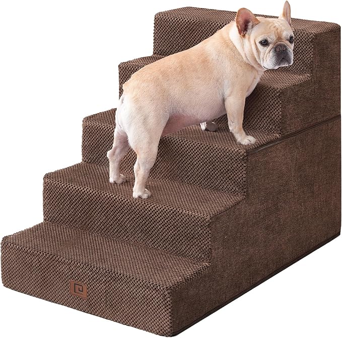 EHEYCIGA Dog Stairs for High Bed 25" H, 5-Step Extra Wide Dog Steps for Bed, Pet Steps for Small Dogs and Cats, Non-Slip Balanced Pet Ramp Indoor, Brown-PurrikoPets