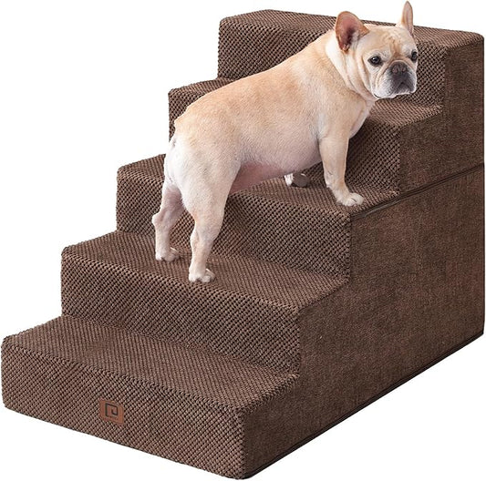 EHEYCIGA Dog Stairs for High Bed 25" H, 5-Step Extra Wide Dog Steps for Bed, Pet Steps for Small Dogs and Cats, Non-Slip Balanced Pet Ramp Indoor, Brown-PurrikoPets