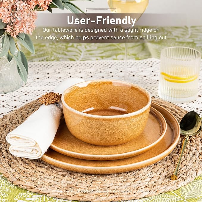 GBHOME Ceramic Dinnerware Sets for 4, 12 Pieces Stoneware Plates and Bowls Sets, Scratch Resistant Dishes, Dishwasher & Microwave Safe, Reactive Glaze-Amber-PurrikoPets