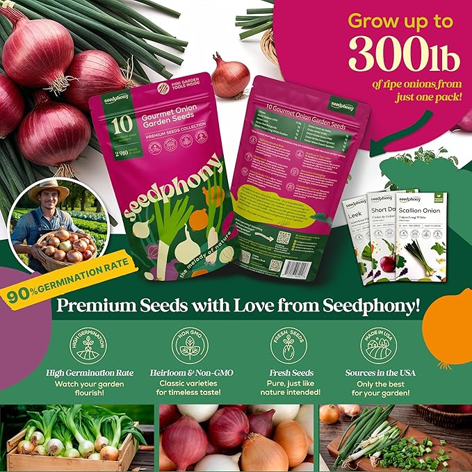 10 Gourmet Onion Seeds for Planting Variety Pack - 2,900+ Non-GMO Heirloom Vegetable Seeds for Growing Indoor & Outdoor: Red Burgundy, Leek, Walla Walla, Grano White & Yellow Sweet Spanish-PurrikoPets