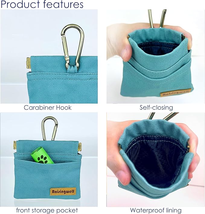 Dog Treat Pouch, Green Pocket Sized Pet Training Pouch, Cotton Fabric, Hand Free Dog Walking Bag with Carabiner, Self-Closing Pet Feed Snack Reward, for Puppy Travel or Outdoor Use-PurrikoPets
