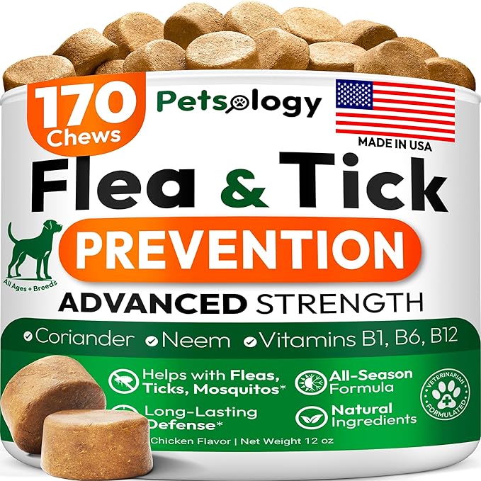 Flea and Tick Prevention for Dogs Pills - Natural Dog Flea & Tick Control - 170 Soft Chewables - Oral Defense Treatment for Dogs Supplement - Vet Formulated Chews - All Breeds & Ages - Made in USA-PurrikoPets