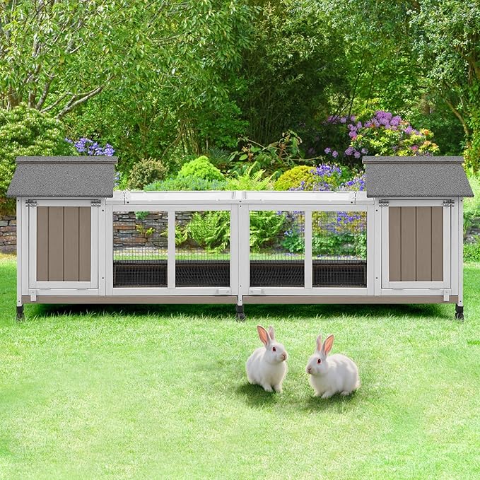 76''L Rabbit Hutch Outdoor Indoor with Wheels, Wooden 2 Story Bunny House Rabbit Cage with Run, Waterproof Roof, Pull Out Tray, Guinea Pig Cage Chicken Coop for Small to Medium Pets-PurrikoPets