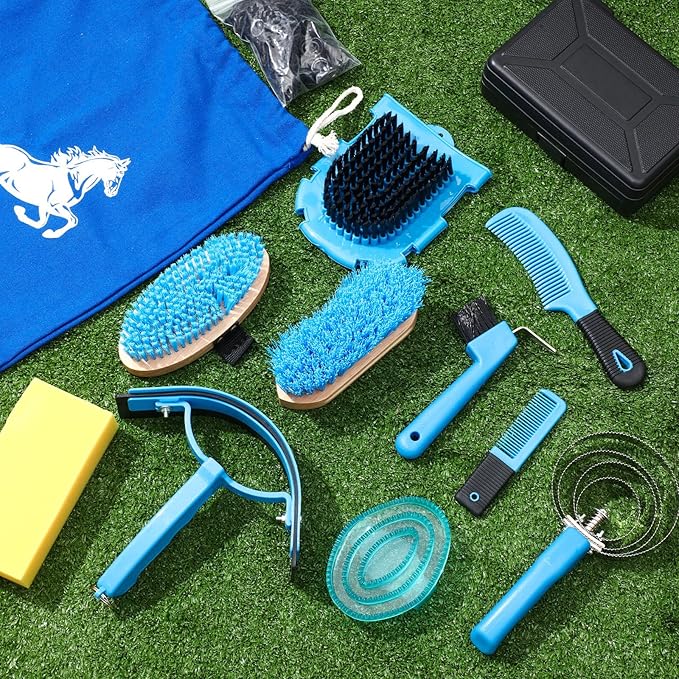 Abbylike 12 Pieces Horse Grooming Kit Racing Festival Tack Room Supplies Horse Brush Sets Equine Care Cleaning Kit Shedding Grooming Massaging Tools(Blue)-PurrikoPets