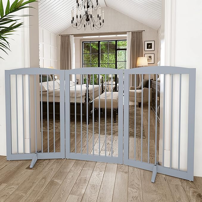 Freestanding Pet Gate for Dogs, Foldable Wooden Dog Gate for House Indoor, Tall Pet Fence for Stair, Doorway,Hall, Support Feet Included, 3 Panels 32",Grey-PurrikoPets