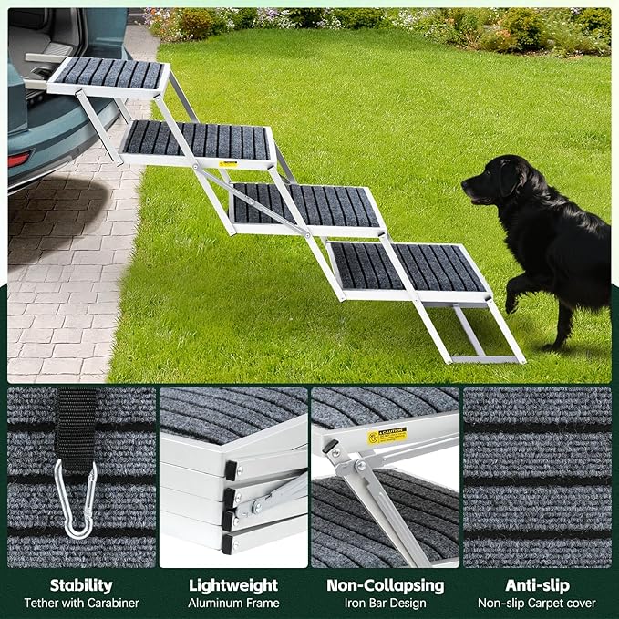 Dog Stairs for Car, Extra Wide Stairs for Large Dogs, Pet Steps Aluminum Foldable Dog Steps for Cars and SUV, High Beds, Trucks, Supports up to 200 lbs (Extra Wide-4 Steps)-PurrikoPets