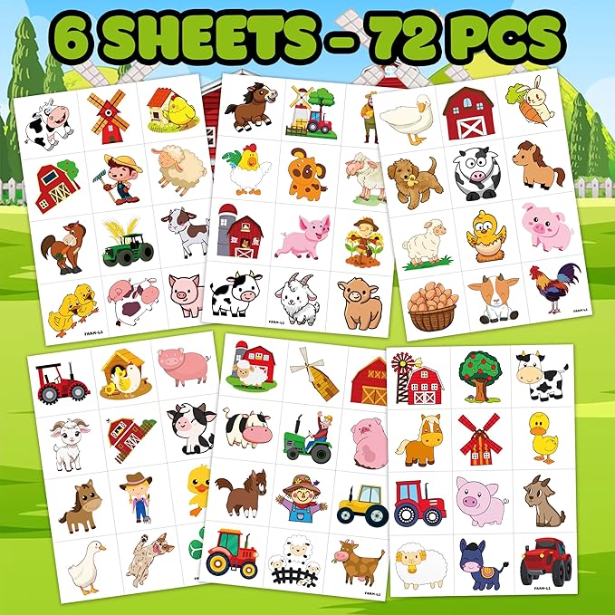 72 PCS Farm Barnyard Animal Pre-Cut Temporary Tattoos Sticker Birthday Decorations Party Supplies Favors Gift Boy Girl Farmhouse Cow Chicken Tattoo School Reward Themed (Normal)-PurrikoPets