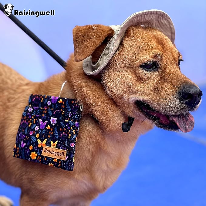 Dog Treat Pouch, Pocket Sized Pet Training Pouch, Cotton Fabric, Hand Free Purple Flower Dog Walking Bag with Carabiner, Self-Closing Pet Feed Snack Reward, for Puppy Travel or Outdoor Use-PurrikoPets