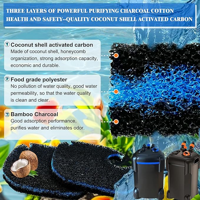 8 Pack Upgraded Filter Pads for AMOSIJOY Aquarium Canister Filter; White Floss, Removing Ammonia and Phosphate, and Activated Carbon Sponge Bio Pads, Compatible with PONDFORSE 172/225/265GPH Canister-PurrikoPets