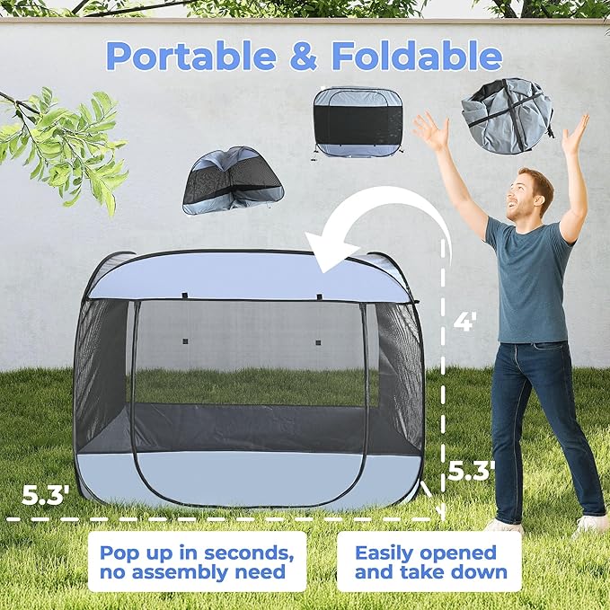 EighteenTek XLarge Popup Portable Dog Houses, 5.3'x4'H Assembly-Free Gazebo-Style Dog Cot Cat Playpen Screen Pet Tent Sun Shade Shelter Dog Bed with Canopy for Outdoor, Anti-Bugs with Leakproof Bottom-PurrikoPets