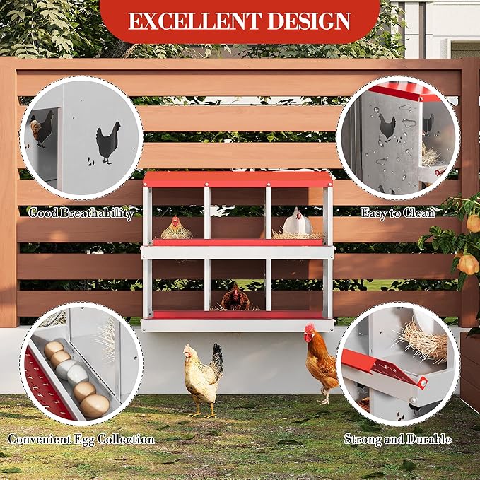 6 Hole Chicken Nesting Box with Roll Out Egg Tray, Rustproof & Ventilated Chicken Laying Boxes for Hens, Chickens, Ducks | Easy-Clean Poultry Coop Accessories-PurrikoPets