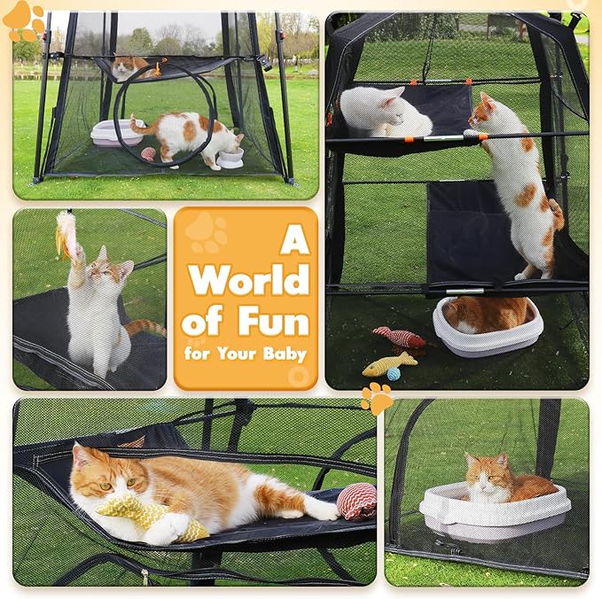 Extra Large Catio Outdoor Cat Enclosure, Rywell 3-Tier Spacious Outdoor Cat Tent, Weatherproof&Sunproof with 5 Windows, Foldable Cat Enclosure for Patio, Camping, Indoor(Includes Carry Bag)-PurrikoPets