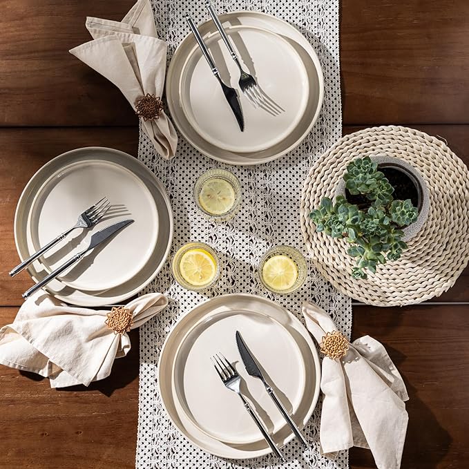 GBHOME Ceramic Dinnerware Sets for 4, 12 Pieces Stoneware Plates and Bowls Sets, Scratch Resistant Dishes, Dishwasher & Microwave Safe, Reactive Glaze-Vanilla color-PurrikoPets