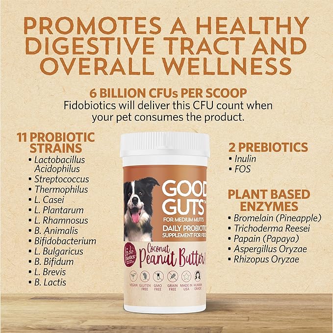 Fidobiotics Good Guts for Medium Mutts Probiotic for Dogs, 6 Billion CFUs, 11 Strains, 5 Digestive Enzymes, 2 Prebiotics, Digestive Gut Health for Dogs, Adult & Puppy Probiotics Supplements (30 Days)-PurrikoPets