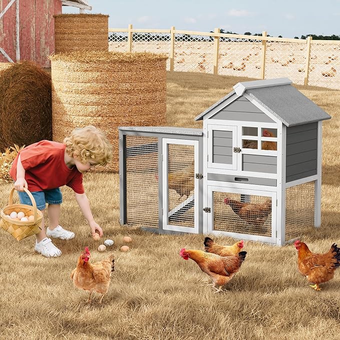 2-Tier Rabbit & Chicken House,Wooden Chicken Coop & Bunny Cage with Non-Slip Ramp, 4 Doors,Waterproof Roof & Pull-Out Tray,Outdoor/Indoor Pet Cage-PurrikoPets