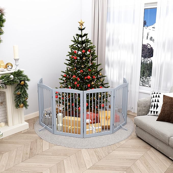 Freestanding Pet Gate for Dogs, Indoor Wooden Foldable Dog Gate for House, Extra Wide, Pet Fence for Stairs, Doorways, Halls, Support Feet Included, 120 Inch Wide, 6 Panels 32",Grey-PurrikoPets