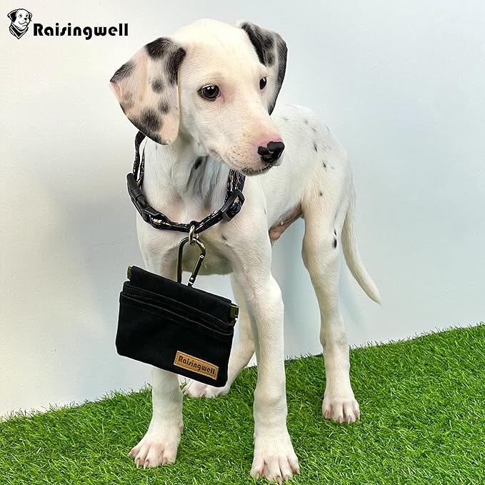 Dog Treat Pouch, Black Pocket Sized Pet Training Pouch, Cotton Fabric, Hand Free Dog Walking Bag with Carabiner, Self-Closing Pet Feed Snack Reward, for Pet Puppy Travel or Outdoor Use-PurrikoPets