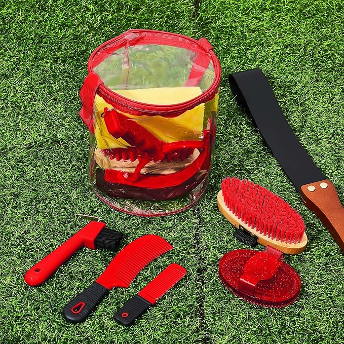 9 Pieces Horse Grooming Kit Tack Room Supplies Set with Organizer Tote Bag, Oval Massage Curry, Hard and Soft Brush, Hoof Pick, Sweat Scraper, Bathing Sponge, Combs for Horse Riders Beginners (Red)-PurrikoPets