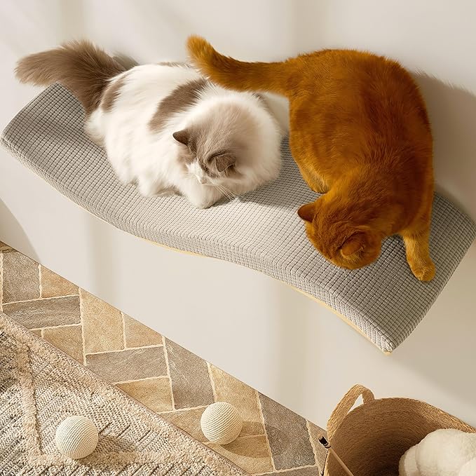 Extra Large 35.4” × 11.6” Stylish Cat Wall Shelves with Soft Cushion, Modern Wall-Mounted Cat Tree Furniture & Perch, Sturdy/Hidden Mounts, Machine Wash Cover, Sleek Design- CALLICO HAVEN Wave S-Shape-PurrikoPets