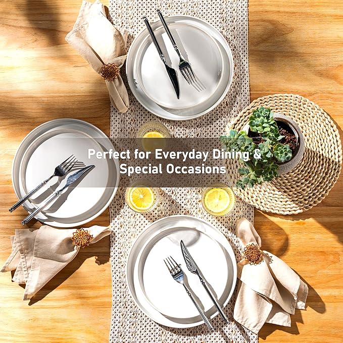 GBHOME Ceramic Dinnerware Sets for 4, 12 Pieces Stoneware Plates and Bowls Sets, Reactive Glaze Dishes -Scratch Resistant, Dishwasher&Microwave Safe-Star White-PurrikoPets