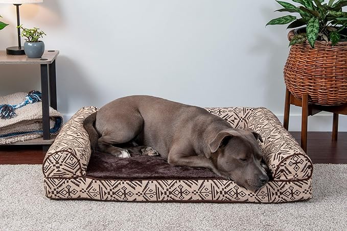 Furhaven Orthopedic Dog Bed for Large/Medium Dogs w/ Removable Bolsters & Washable Cover, For Dogs Up to 55 lbs - Plush & Southwest Kilim Woven Decor Sofa - Desert Brown, Large-PurrikoPets