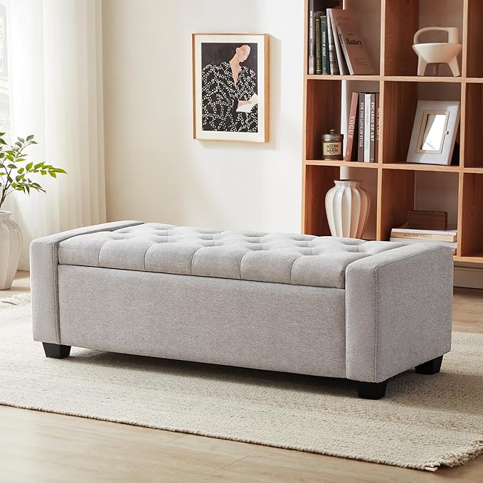 48" Ottoman with Storage, Storage Ottoman Bench with Safety Hinge, Upholstered Entryway Bench with Seating for Bedroom, Living Room, Holds up to 330 lb(Light Gray)-PurrikoPets