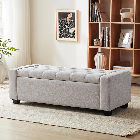 48" Ottoman with Storage, Storage Ottoman Bench with Safety Hinge, Upholstered Entryway Bench with Seating for Bedroom, Living Room, Holds up to 330 lb(Light Gray)-PurrikoPets