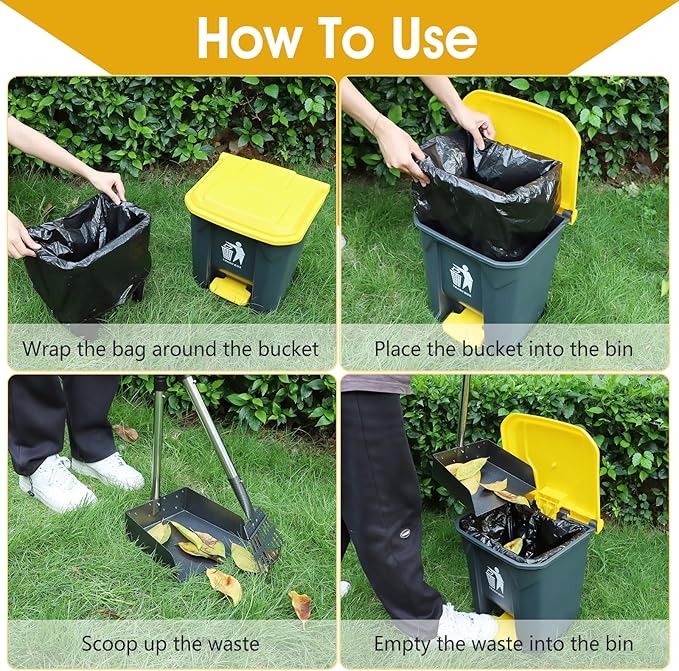 Dog Pooper Scooper, 20L Large Dog Poop Trash Can Outside with Removable Inner Bucket, Poop Trash Can for dog Outdoors with 90 Waste Bags, 37inch Long Handle Stainless Metal Tray & Rake-PurrikoPets