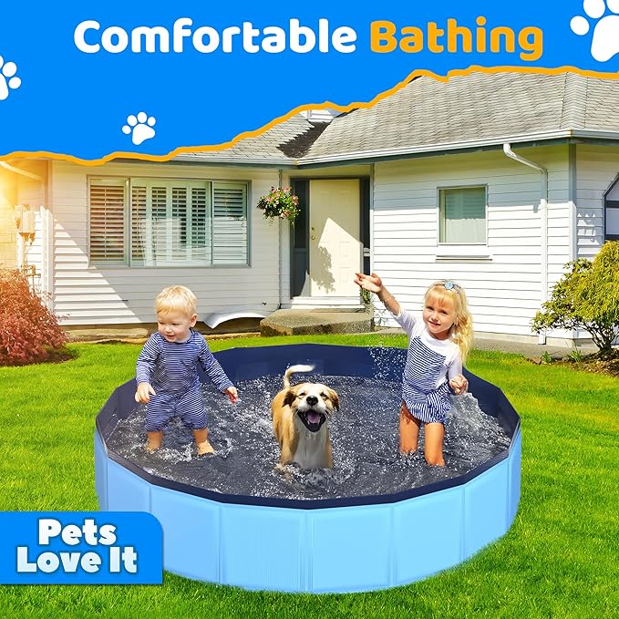 87" x 12" Foldable Dog Pool - Collapsible Hard Plastic Kiddie Pool for Dogs & Kids, Non-Slip Pet Bath Tub for Outdoor Backyard Use, Lightweight & Portable (Blue)-PurrikoPets