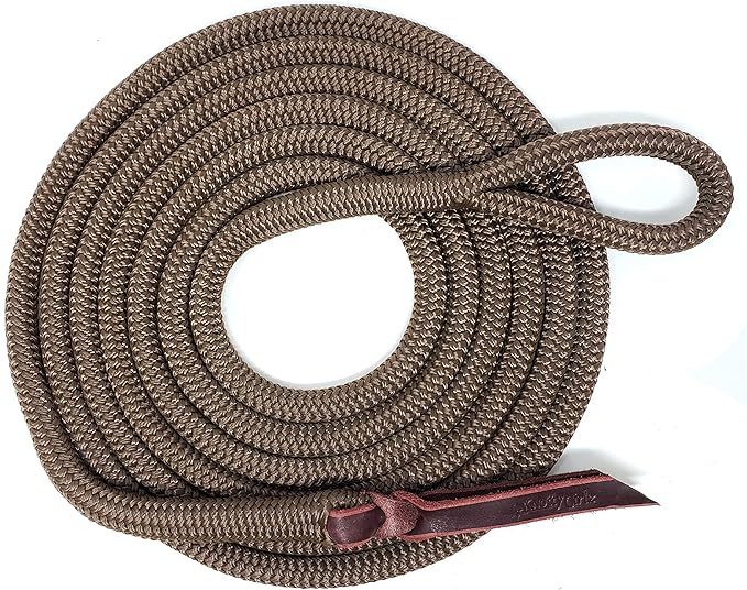 Double Braid Polyester Yacht Horse Lead Rope with Loop 12ft. or 14ft. Lengths (Brown, 14 ft. No Snap)-PurrikoPets