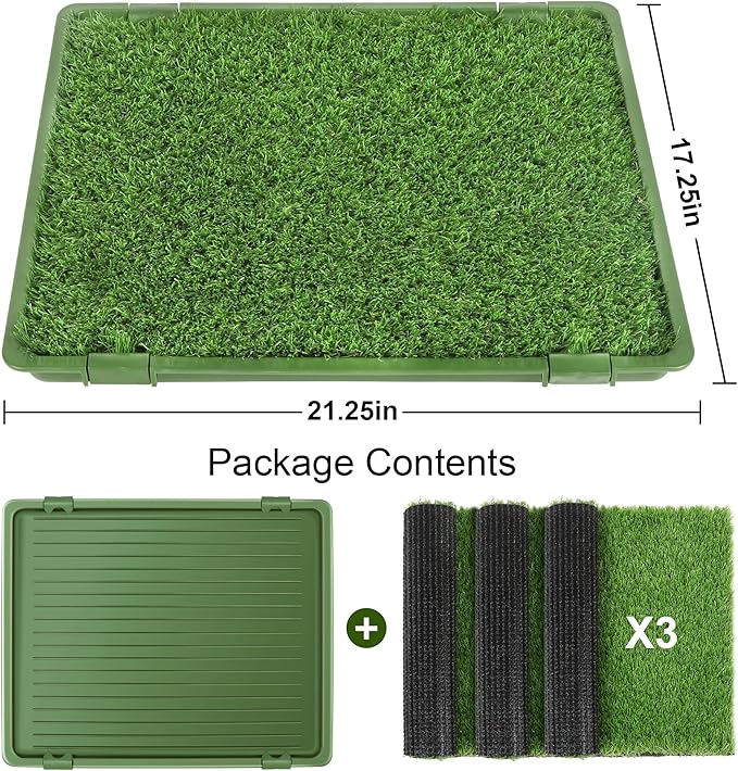 Dog Grass Pad with Tray: 3 Pack Grass Pee Pads for Dogs Potty for Puppy Training, Artificial Turf for Dogs with Collection Tray for Indoor /Outdoor /Patio /Balcony, 22"x18" Green-PurrikoPets