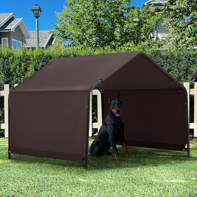 Dog Shade Shelter Outdoor 4'x4'x3' Tent for Large Medium Dogs, Outside Sun Rain Canopy Pet House for Livestock Pigs Cats with Waterproof Roof Ground Nails,Brown-PurrikoPets